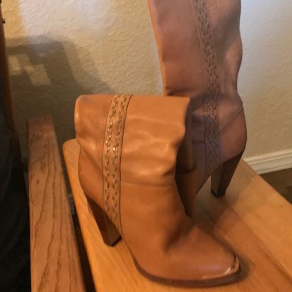 Brazilian-made Knee-length boots,  marked Size 9. Tan.